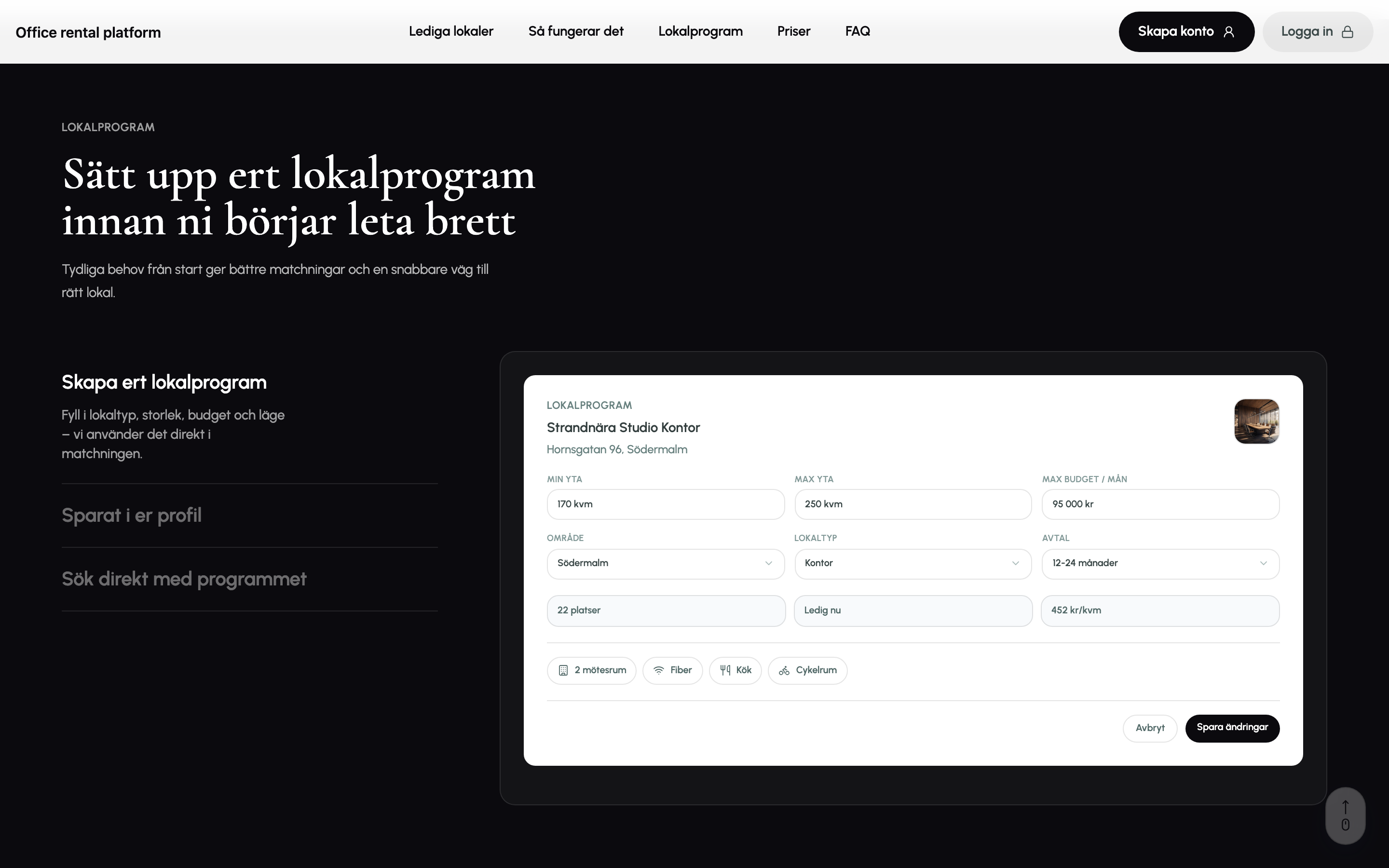 The Lokalprogram section: heading “Sätt upp ert lokalprogram innan ni börjar leta brett” with a mockup of a saved requirements card showing area, size, budget and term.